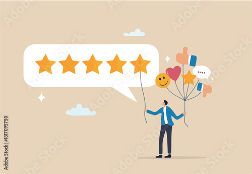 5 Stars review, customer feedback evaluation, best quality or satisfaction, opinion, best rating reputation or online positive review concept, customer giving 5 stars rating or customer experience