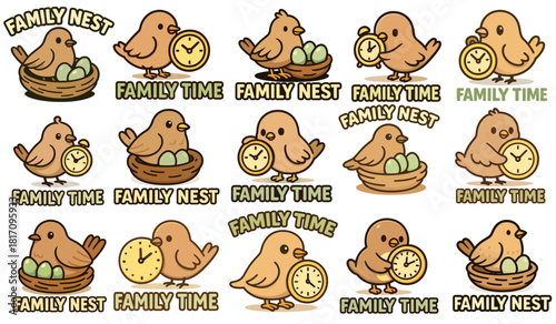 Colorful illustrations of birds representing family time and nests with clocks in a cheerful design