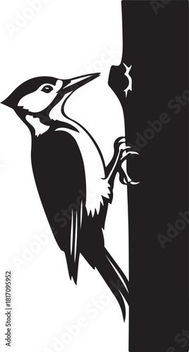 Woodpecker Silhouette on Tree Trunk Vector Illustration Graphic
