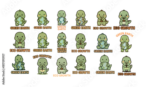 Cute dinosaur characters promoting environmental messages for Green Earth and Eco Growth initiatives