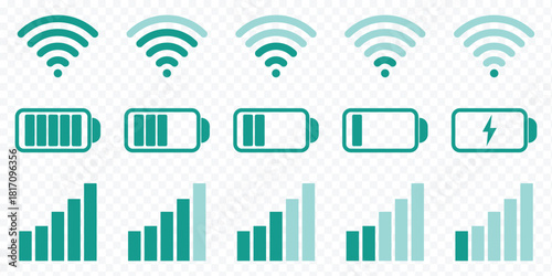Phone bar status Icons, battery Icon, wifi signal strength. Set wifi icon isolated on white background for phone. Status bar icon. Status bar phone icon vector illustration. set wifi icons wifi signal