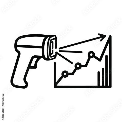 Handheld scanner measuring data points on a rising trend graph