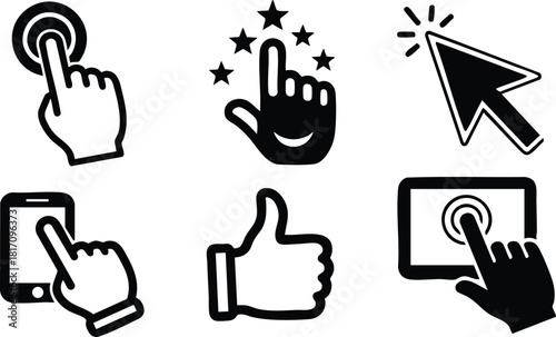 Hand gestures and icons representing touch, click, and interaction in digital devices for user interface design 