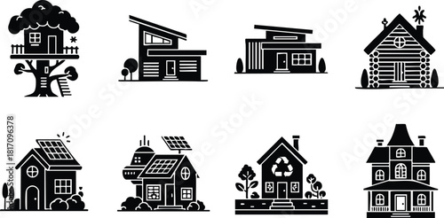 Various house designs including treehouse, modern, and traditional styles in black silhouette vector illustration 