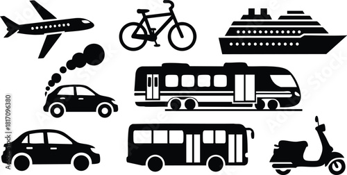 Transportation icons including airplane, bicycle, cruise ship, and various vehicles for graphic design projects 