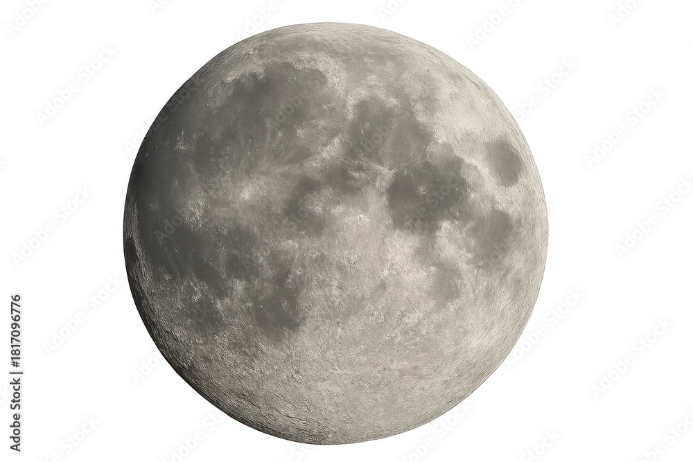 Obraz premium Full moon showing detailed lunar surface with craters and maria, celestial body on transparent background