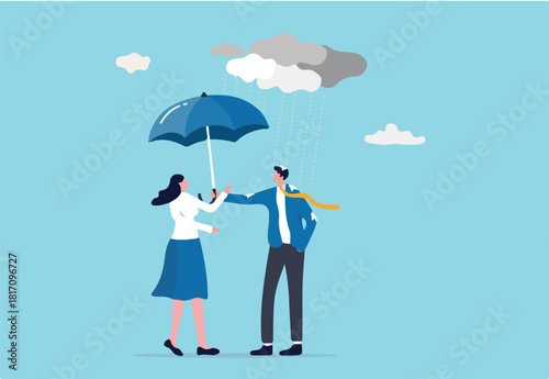Altruism selfless principle for leadership to protect team and success together, gentleman or team support and caring, respect or empathy concept, kindness businessman offer umbrella to protect woman.