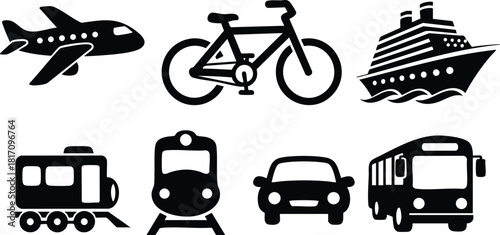 Various transportation icons including airplane, bicycle, ship, and car for travel and commuting needs 
