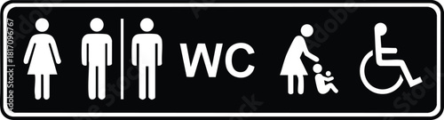 Accessible restroom sign for all genders and ages featuring icons for women, men, family, and wheelchair users 