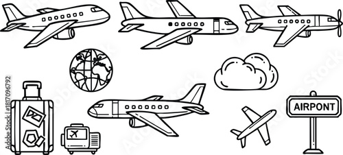 Airplanes and travel elements including luggage, globe, clouds, and airport sign for travel-themed designs 