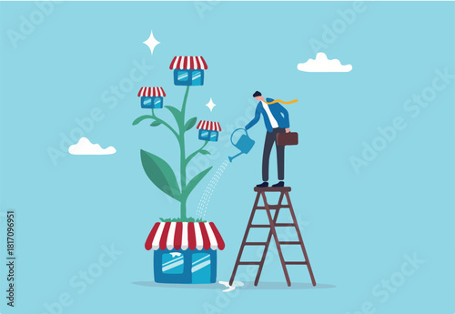 Growing business or expand shop, entrepreneur to start business building company, raising or develop success plan concept, businessman company leader watering shop growing plant with new shop blooming