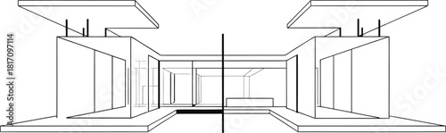 Architectural drawing of a modern building with symmetrical wings
