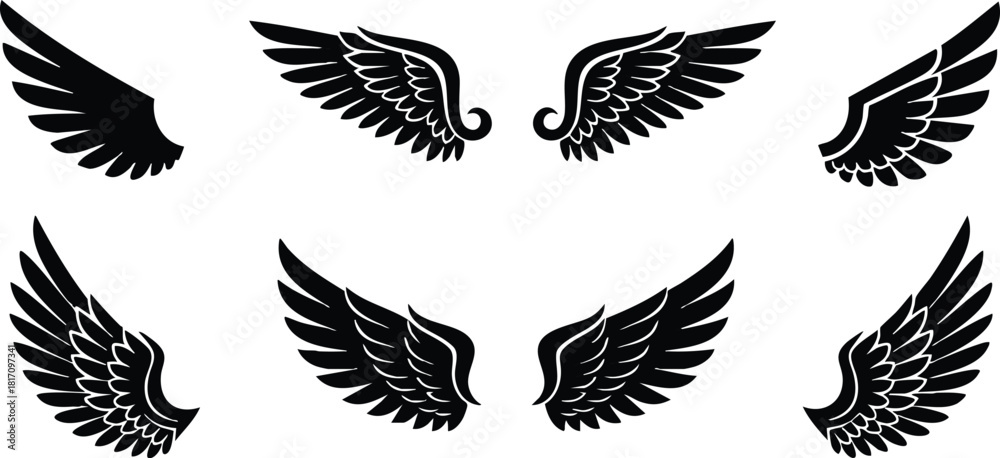 Fototapeta premium Various black wing designs suitable for creative projects and artistic expressions in vector format 