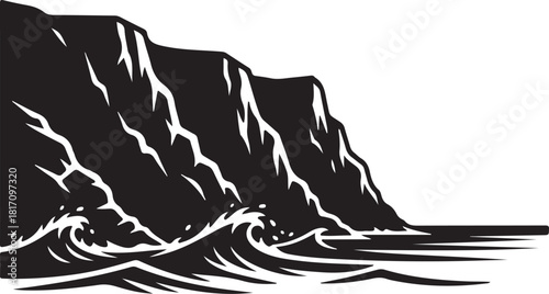 Coastal Cliff Silhouette with Waves Vector Art Illustration