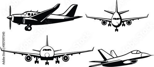 Various aircraft designs including small planes, commercial jets, and military fighter jets in vector format for aviation enthusiasts 