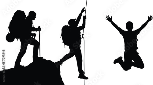 Hikers showcasing various climbing poses and joyful moments during outdoor adventures in the wilderness for adventure enthusiasts 