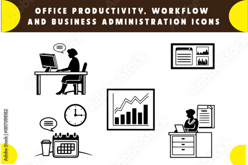 Office productivity and workflow Icons: A collection of black and white icons representing office productivity, workflow, and business administration concepts, including a person at computer.
