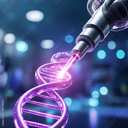 Robotic Arm Manipulating Glowing DNA Double Helix in Laboratory, Genetic Engineering and Biotechnology Concept