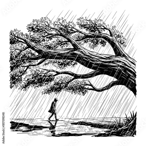 Man walking under rain beside large tree in black and white  