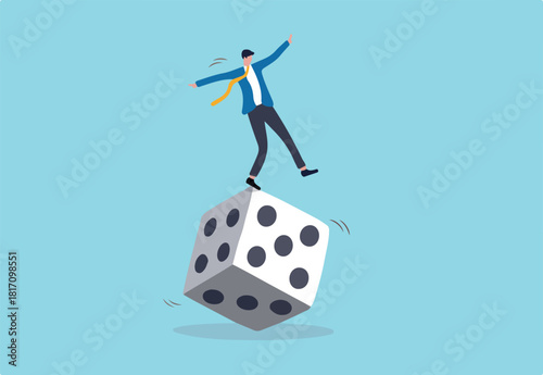 Investment risk, stock trader, gambling, uncertainty, possibility of losing money or make a profit from investment concept, greedy investor man dare trying to balance himself on spinning unstable dice