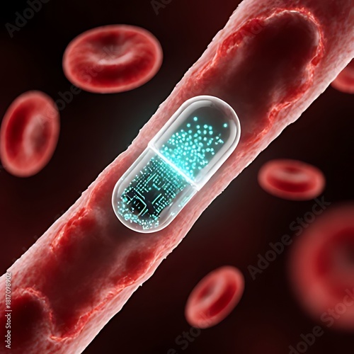  a futuristic smart pill traveling through a human artery. Smart Pill in Bloodstream