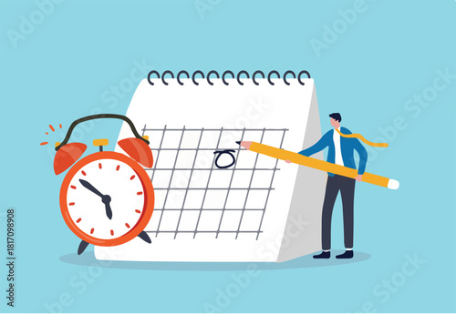 Schedule business appointment, important date, working project plan or reminder concept, smart businessman using pencil to mark important appointment date on calendar with alarm clock.
