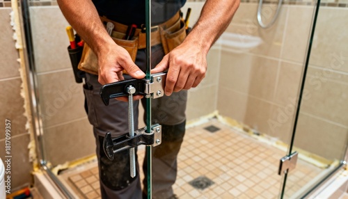 Close view of a craftsman mounting a hinged glass shower door in a bathroom showcasing detailed hardware installation and secure fitting methods.