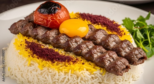 Appetizing photo of Iran's national dish, Chelow Kabab. Saffron basmati rice with barg & koobideh kebabs, grilled tomato, raw egg yolk, sumac, and herbs. Food photography.