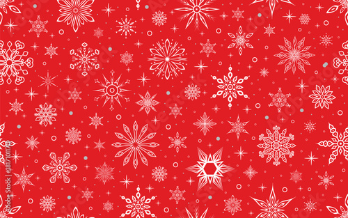 Winter seamless pattern. Festive background with white snowflakes and stars on red. For Christmas and New Year decorations, wallpaper, wrapping paper, fabric, or digital backgrounds.