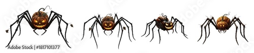 Scary Halloween spider isolated on white background, creepy black arachnid with long legs, spooky Halloween creature, frightening insect design for horror theme and seasonal decoration