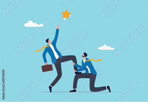 Reach for the star, teamwork or support to achieve business goal, partnership or manager mentorship to help success concept, businessman manager support colleague to stand on his knee to reach target