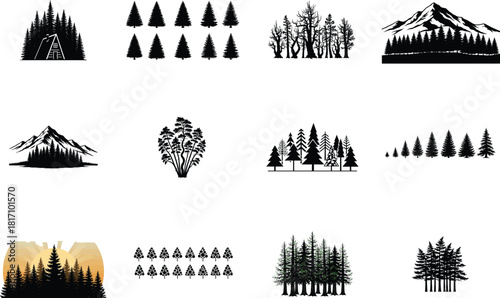 Diverse Pine Tree Silhouettes and Mountain Landscapes Keywords: pine tree, forest, silhouette