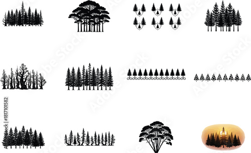 Assorted Pine Tree Silhouettes and Forest Graphics Keywords: pine tree, forest, silhouette