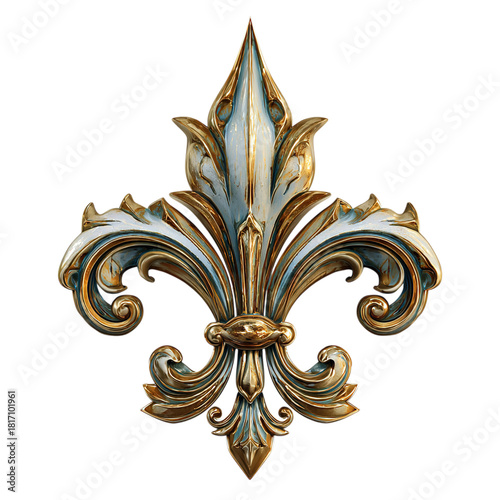 Ornate antique french fleur de lis emblem isolated on transparent background, highly detailed baroque decorative element with gold and blue finish