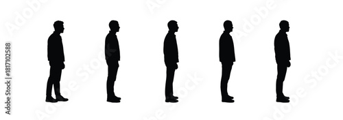 Five identical male silhouettes standing in profile view on white
