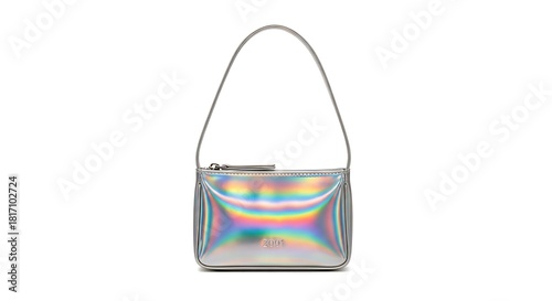 Trendy silver holographic shoulder bag isolated on a plain white background. 