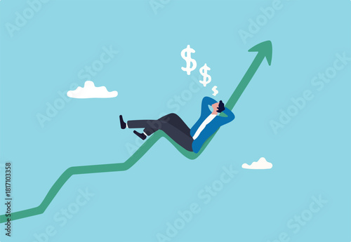 Success investment earn more profit or easy growing return mutual fund, make money from cryptocurrency trading or dream about being rich concept, businessman investor relax and sleep on growing graph.