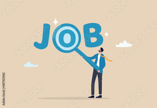 Job search, employee finding new job, career opportunity, employment or recruitment, applicant or candidate search online website concept, businessman magnifying glass searching for new job.