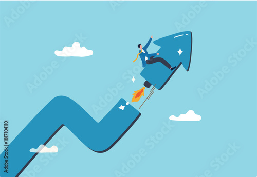 Investment growth boosting profit earning, increase market return or boost growth, growing fast, startup launch project or improvement concept, businessman riding rising up arrow with rocket booster.