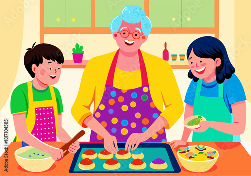 Joyful Family Baking Illustration: Multi-Generational Fun in a Bright Kitchen