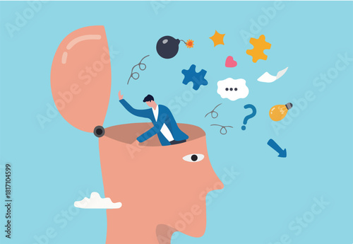 Declutter your mind, clear your brain to regain focus improve creative thinking ability, free up memory concept, ambitious businessman declutter, clean and clear all messy anxiety from his big head.