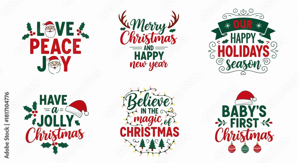 Obraz premium Colorful christmas holiday greeting cards with festive messages like love peace joy and merry christmas