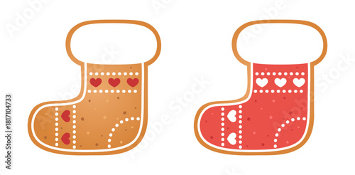 Gingerbread Christmas stocking cookies decorated with white and red icing in different styles. Winter holidays or food theme. Vector illustration on white background.