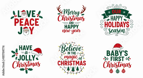 Colorful christmas holiday greeting cards with festive messages like love peace joy and merry christmas