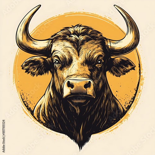 Fierce bull head illustration in a circular frame with yellow and beige tones animal photo