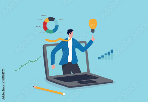 Business consultant, advisor or expertise, online presentation or conference call, strategy and analysis concept, smart businessman from computer laptop monitor giving some advice with analysis graph.