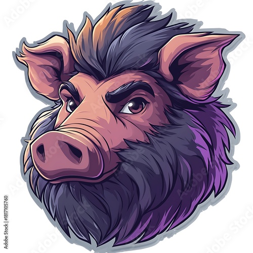 Fierce Cartoon Wild Boar Head with Purple Accents animal photo