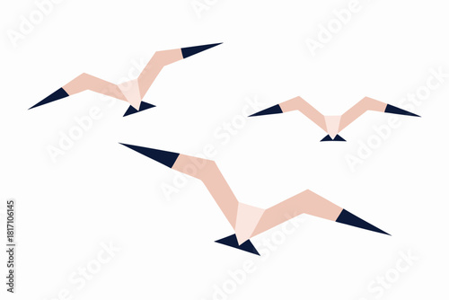 Minimalist Geometric Seagull Trio in Flight, Modern Coastal Graphic