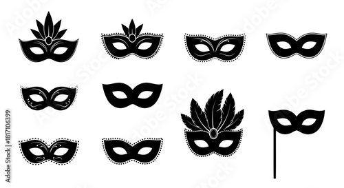 Collection of elegant black masquerade masks with various designs and embellishments, including feathers and decorative elements