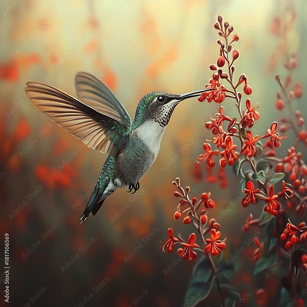 Fototapeta premium Emerald hummingbird drinks from delicate red blossoms in soft light feeding nectar photo